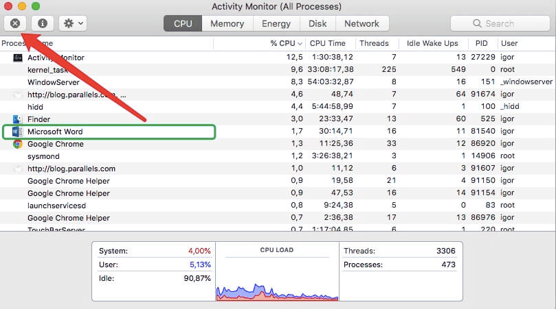 Esci da Word tramite Activity Monitor prima di disinstallarlo