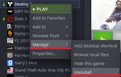 Disinstalla Destiny 2 su Steam