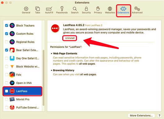 Rimuovi l'estensione Safari di LastPass su Mac