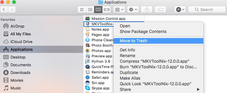 Disinstalla manualmente MKVToolNix su Mac
