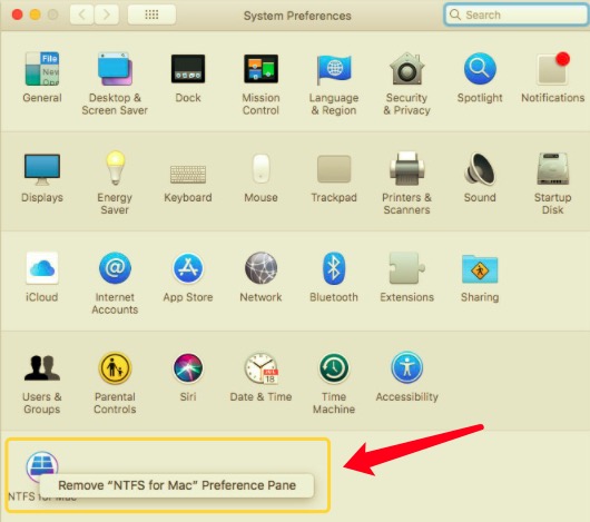 Rimuovi NTFS per il riquadro delle preferenze di Mac