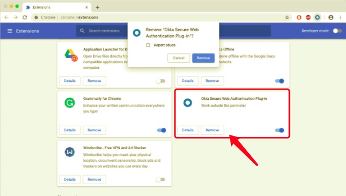Rimuovere Okta Plugin dal Mac tramite le impostazioni di Chrome