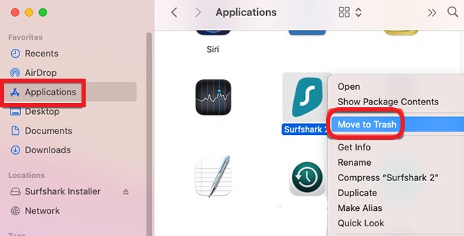 Disinstalla manualmente Surfshark su Mac