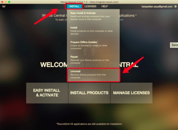 Rimuovere i plugin Waves tramite Waves License Center