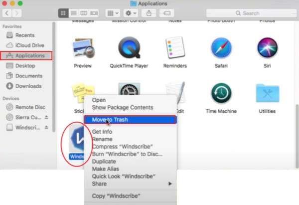 Disinstalla manualmente Windscribe su Mac