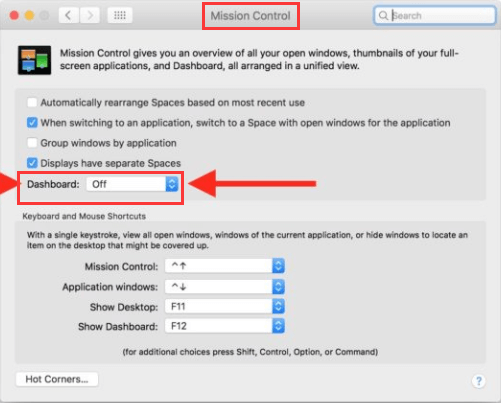 Seleziona Disattivato per eliminare Dashboard su Mac