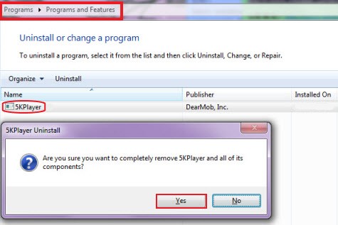 Disinstalla manualmente 5K Player su Windows
