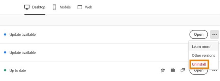 Rimuovi Adobe Dimenson da Creative Cloud Desktop