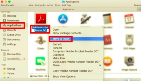 Disinstallare manualmente Adobe Acrobat Reader DC da un Mac