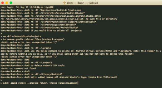 Disinstalla Android Studio su Mac tramite Terminal
