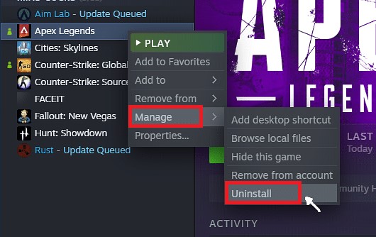 Rimuovere Apex Legends da Steam