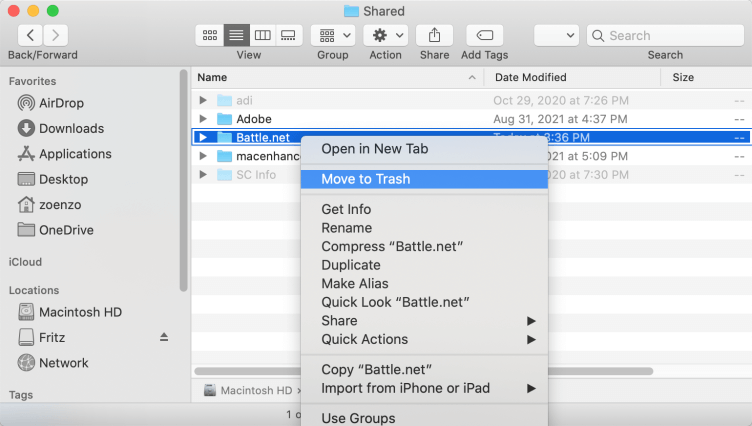Rimuovi i file condivisi per disinstallare Battle.net su Mac