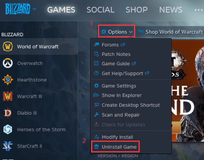 Disinstalla Blizzard Games dalla sua app