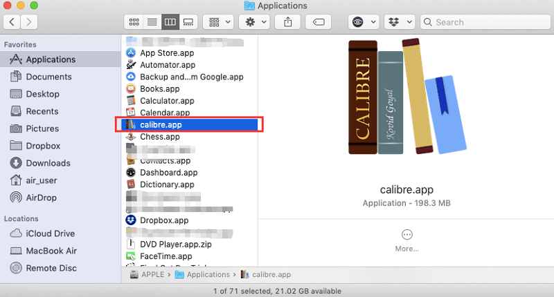 Disinstalla manualmente Calibre su Mac