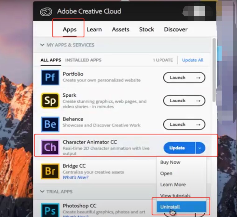 Rimuovi Character Animator da Adobe CC Desktop