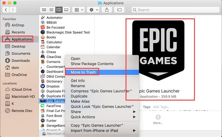 Disinstallare manualmente Epic Games Launcher su Mac