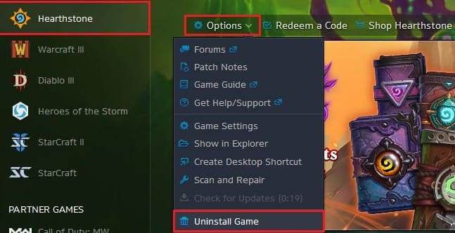 Disinstalla Hearthstone su Mac all'interno di Battle.net