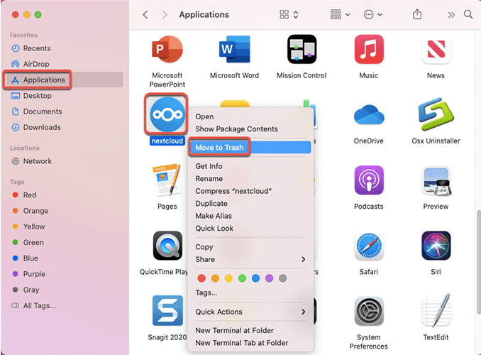 Rimuovere Nextcloud su Mac