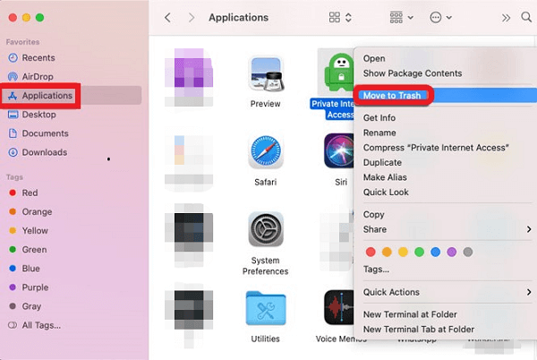 Disinstalla manualmente l'accesso privato a Internet su Mac