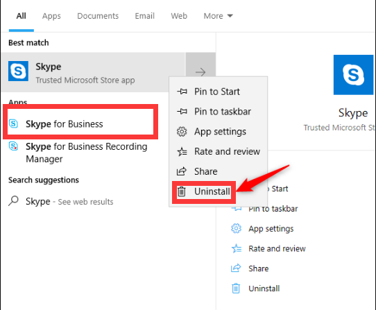 Disinstalla Skype for Business in Windows 10