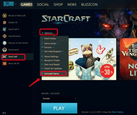 Disinstalla StarCraft 2 su Mac tramite Battle.net