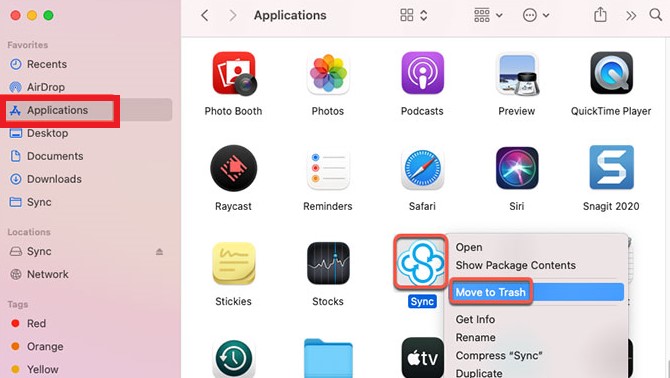 Disinstalla manualmente l'app Sync Desktop su Mac