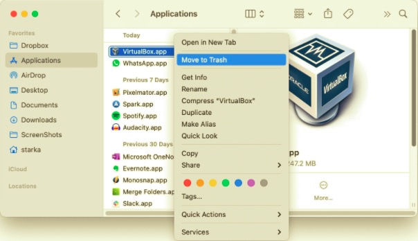 Disinstalla VirtualBox dal Mac direttamente tramite Finder