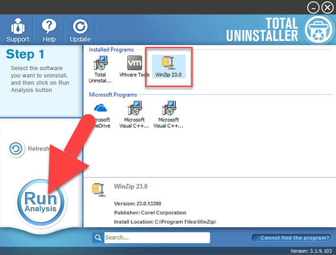 Utilizzo di Esegui e cancellazione della cache di Winzip