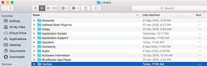 Seleziona Cache su Mac per rimuovere Chrome Canary