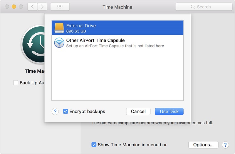 Collega un archivio esterno come disco di backup di Time Machine