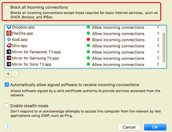 Modifica le preferenze di sicurezza del firewall su Mac