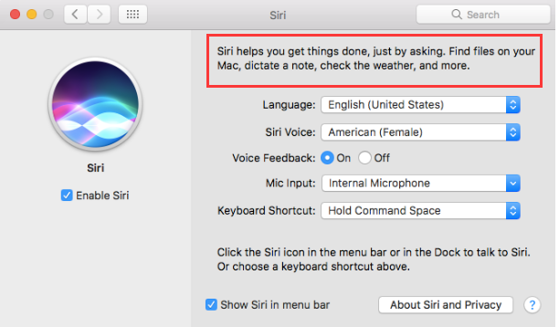 Usa Siri Pane nelle Preferenze di Sistema Mac