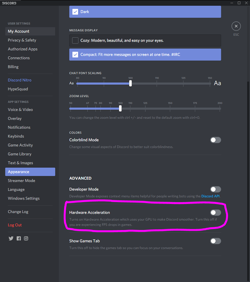 Disattiva l'accelerazione hardware su Discord