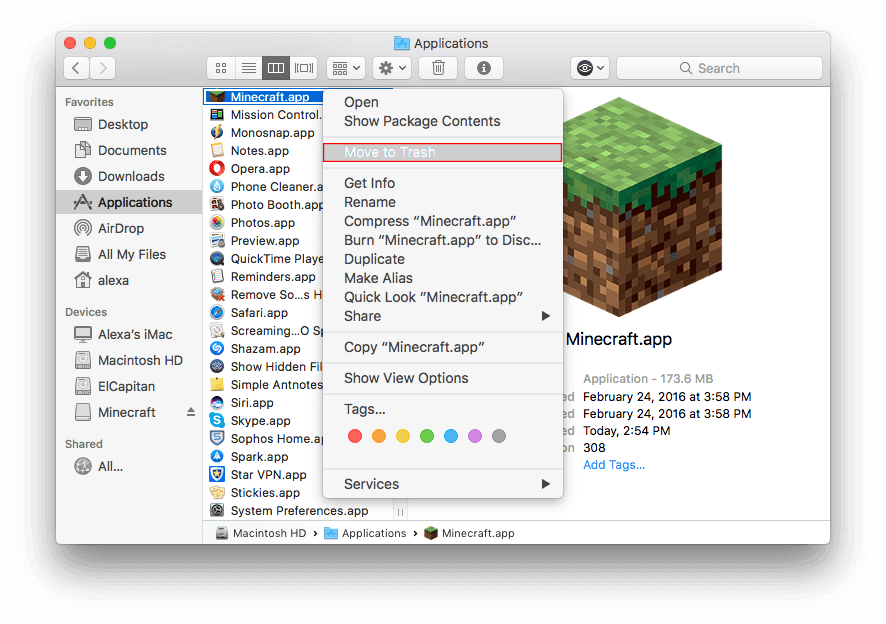 Disinstallare Minecraft manualmente da Mac