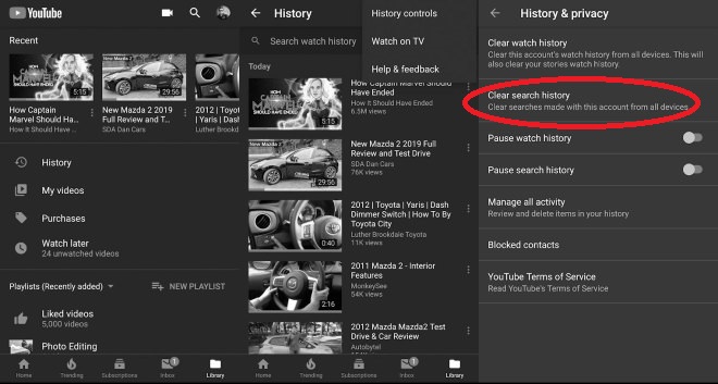 Cancella cronologia visualizzazioni YouTube dell'app per dispositivi mobili