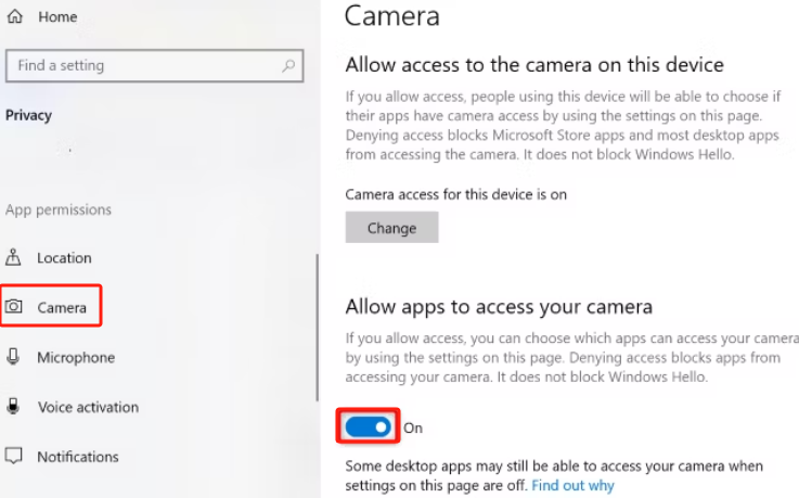 Abilita la fotocamera per risolvere il problema con la fotocamera Logitech che non funziona