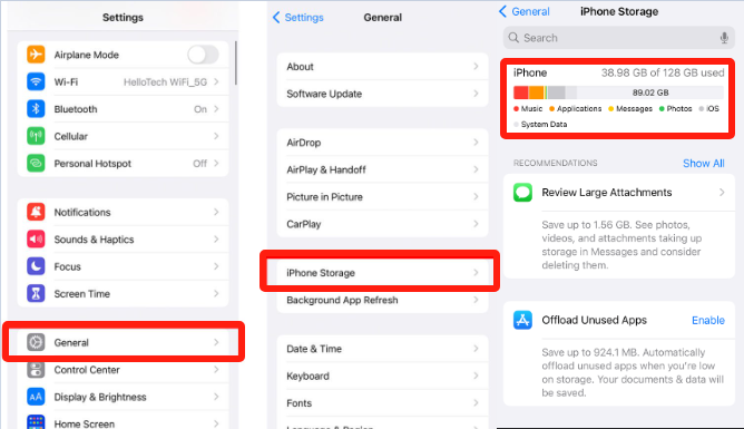 Controlla lo spazio di archiviazione dell'iPhone per risolvere il problema di registrazione dello schermo non riuscita a causa di Asset Writer