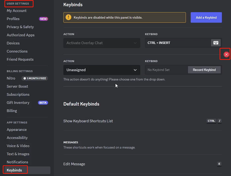 Elimina le combinazioni di tasti personalizzate per correggere Discord che continua a bloccarsi