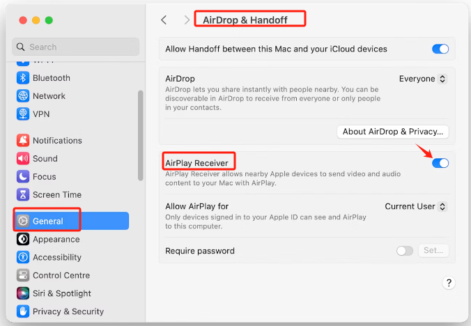 Disattiva il ricevitore AirPlay per correggere lo schermo che viene osservato