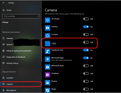 Abilita le autorizzazioni della fotocamera di OBS Studio