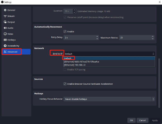 Modificare "Bind to IP" per correggere i frame persi da OBS