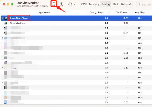 Interrompi la registrazione dello schermo QuickTime in Monitoraggio attività