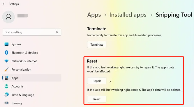 Ripristina le app per correggere lo strumento di cattura che non funziona