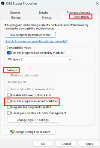 Esegui OBS come amministratore per correggere la schermata nera di acquisizione del gioco