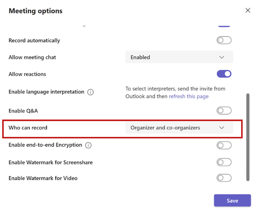 Registrazione dei preparativi su Microsoft Teams