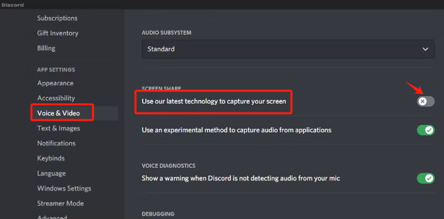 Disattiva l'impostazione per correggere la schermata nera di Discord Stream