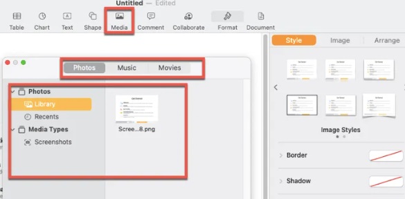Guida all'inserimento di immagini nei documenti di Pages