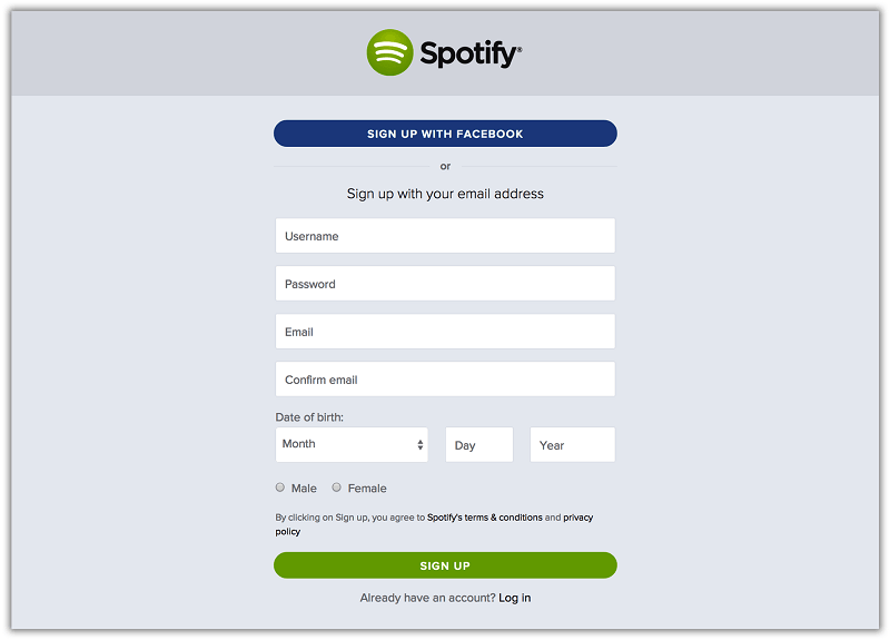 Crea un account Spotify