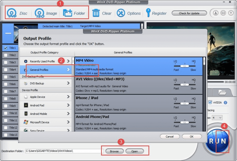 Seleziona il formato di output in WinX DVD Ripper