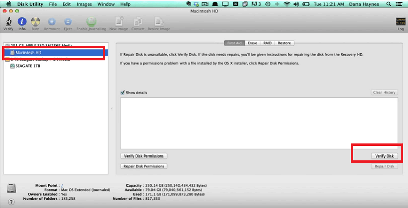 Esegui Verifica disco e Verifica autorizzazioni disco